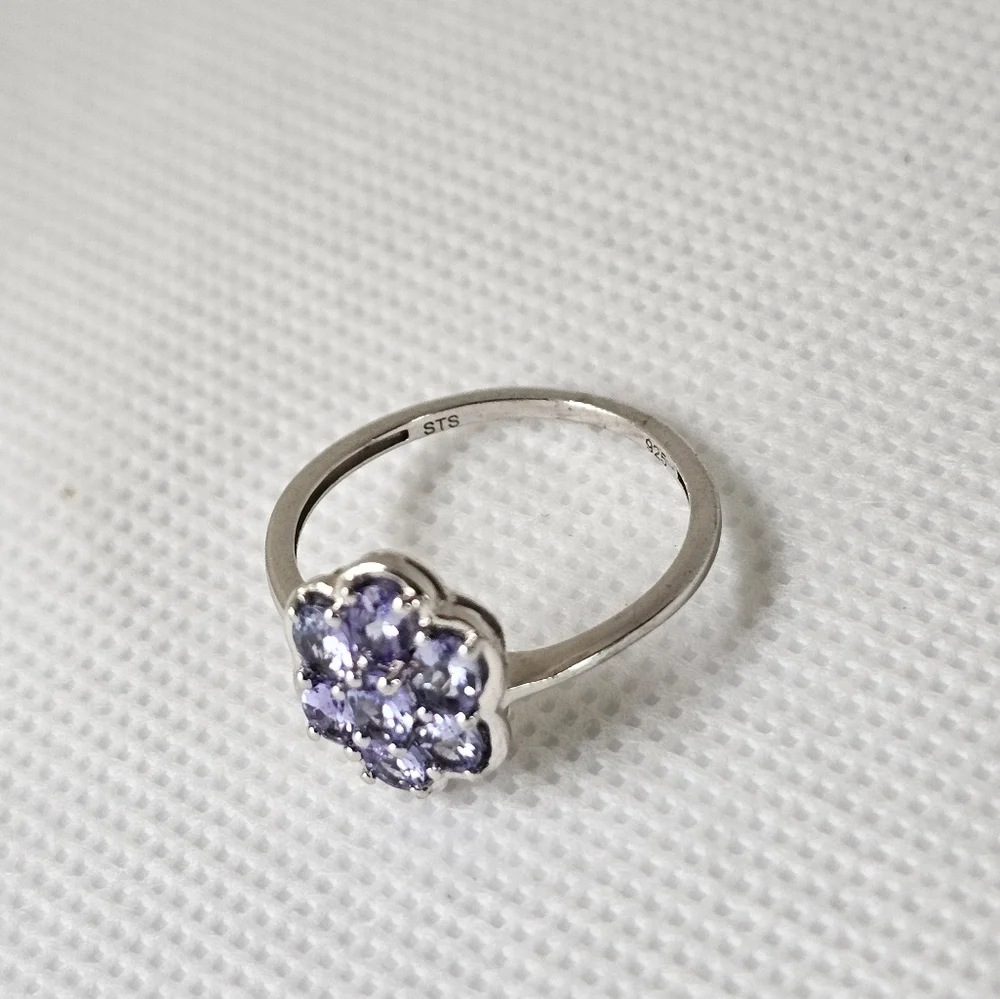 Dainty Natural Tanzanite Ring Sterling Silver Platinum Finish. Size 8!
